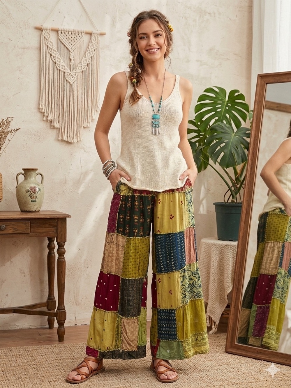 Boho Patchwork Wide Leg Pants Sari Silk Palazzo Elastic Waist Multicolor OS